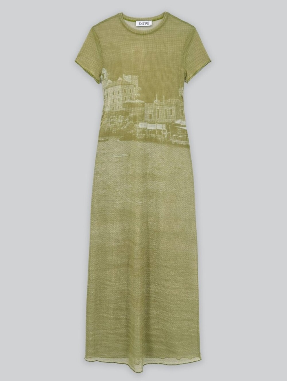Esthe Sheer Olive Green Graphic Midi Dress - Picture 2 of 7